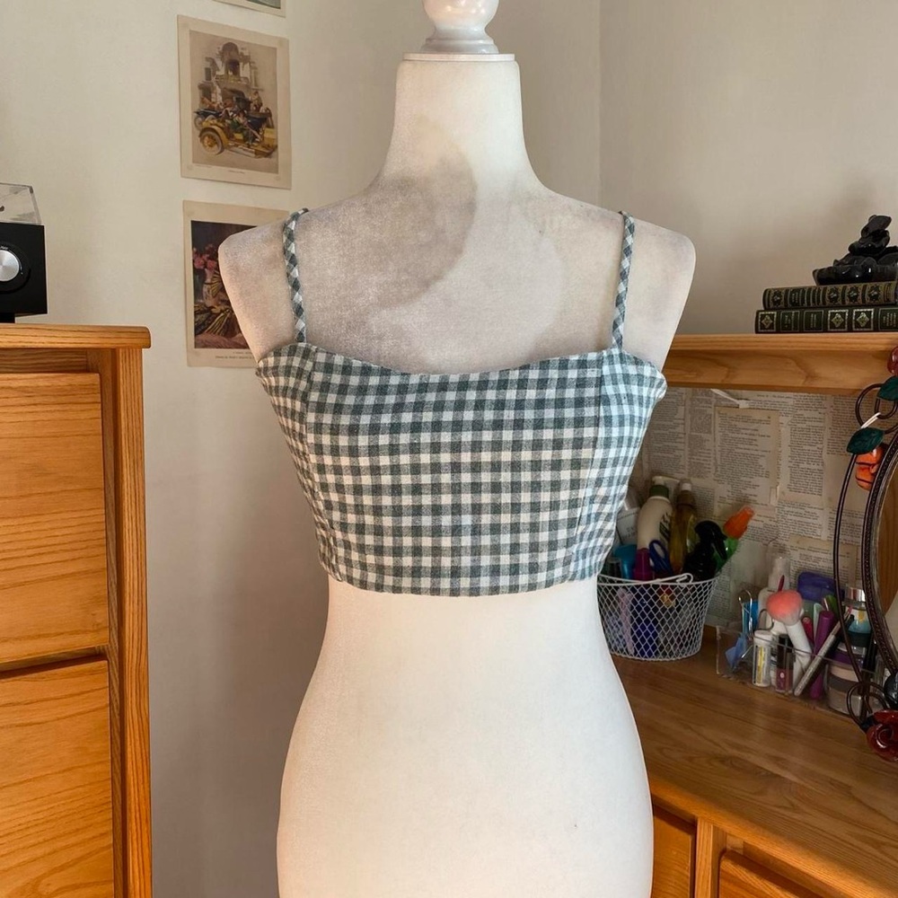 Brandy Melville Green Gray Blue Gingham Checkered Bandeau Cami Crop Top
